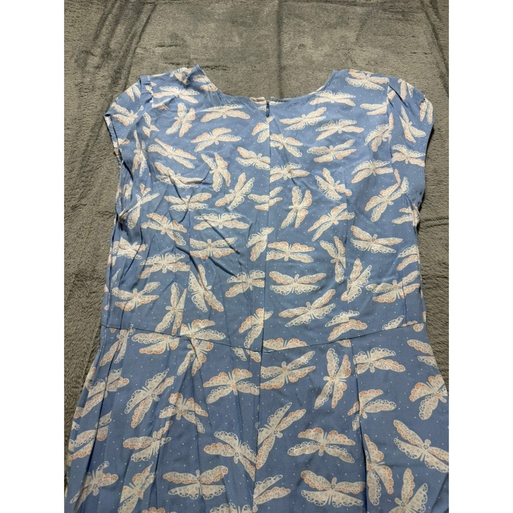 LOFT Dress Womens 12 Blue Dragonfly Print Cap Sleeve Fit Flare Midi