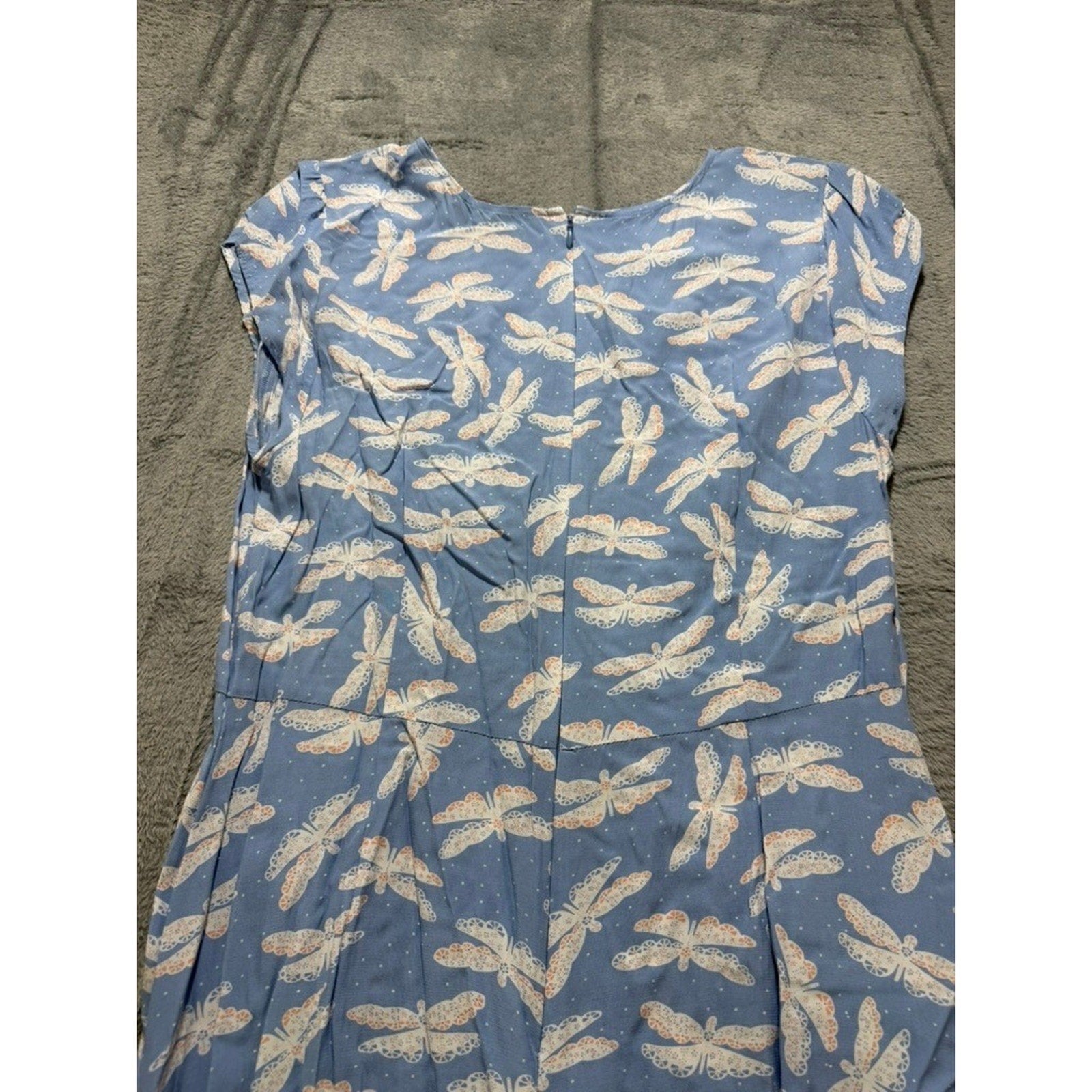 LOFT Dress Womens 12 Blue Dragonfly Print Cap Sleeve Fit Flare Midi
