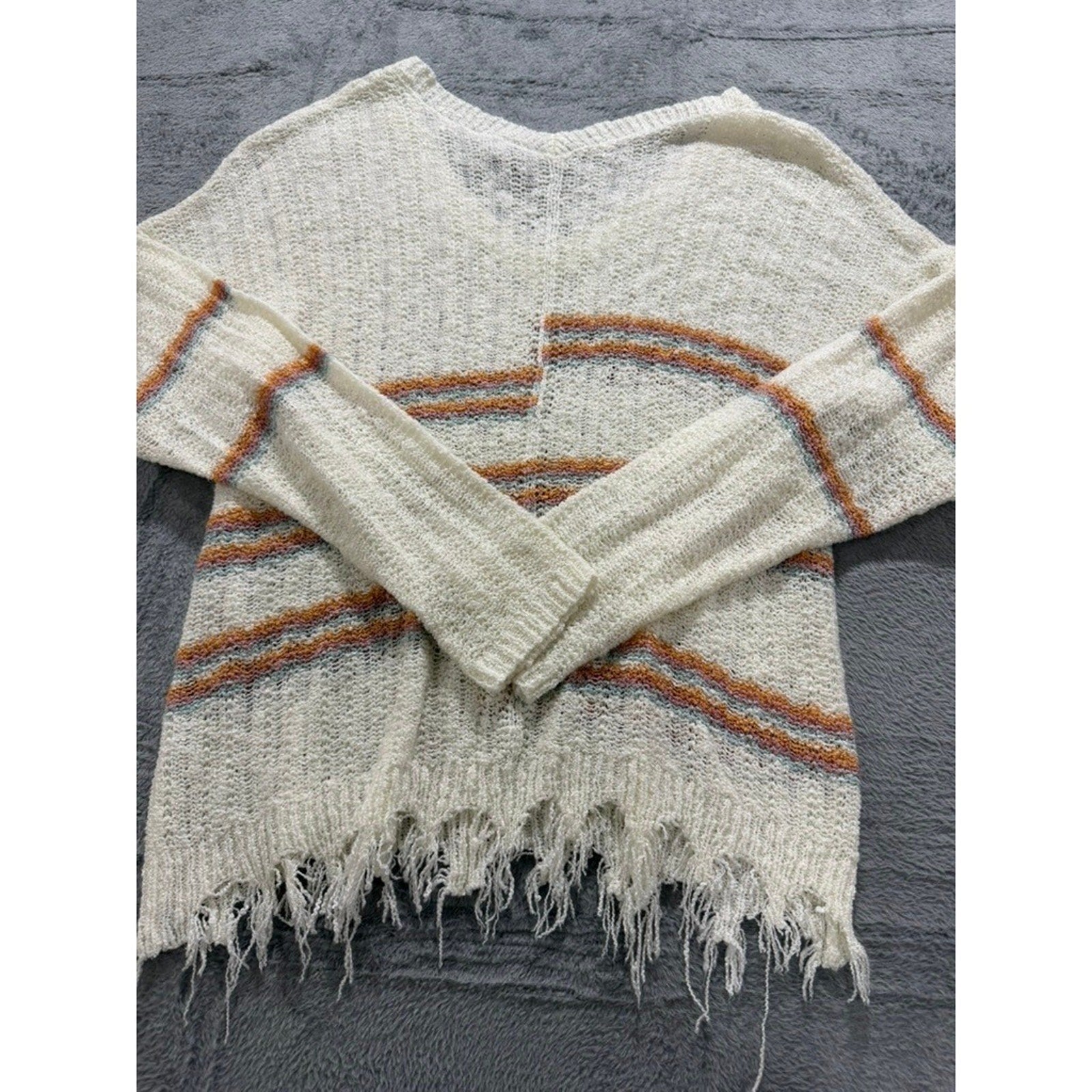 Daytrip Womens Striped V-Neck Open Knit Distressed Frayed Hem Sweater Cream L