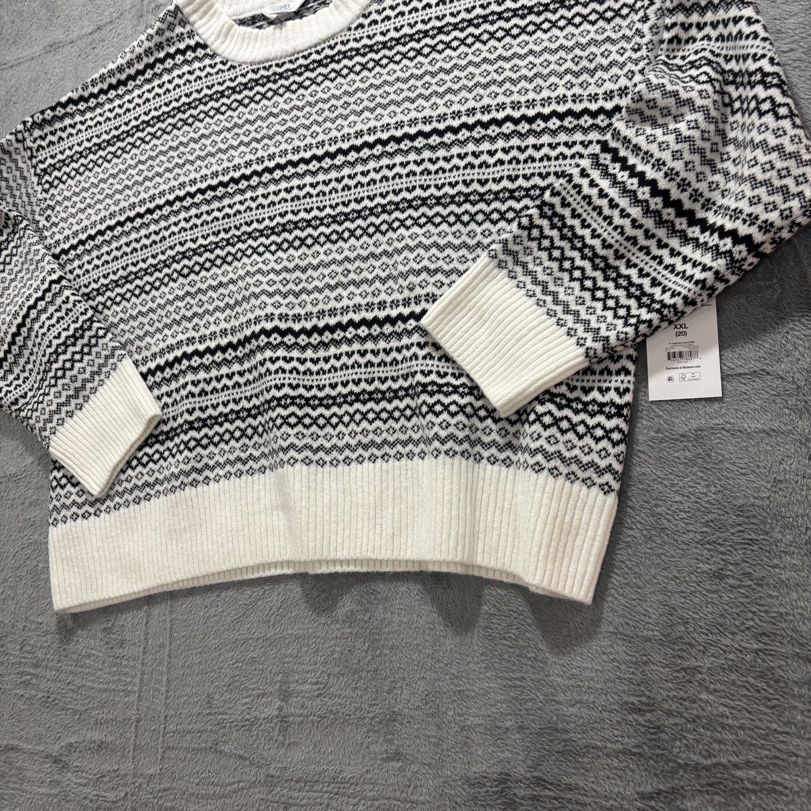 Time and Tru Womens XXL White Black Fair Isle Sweater Cozy Winter Nordic Plus