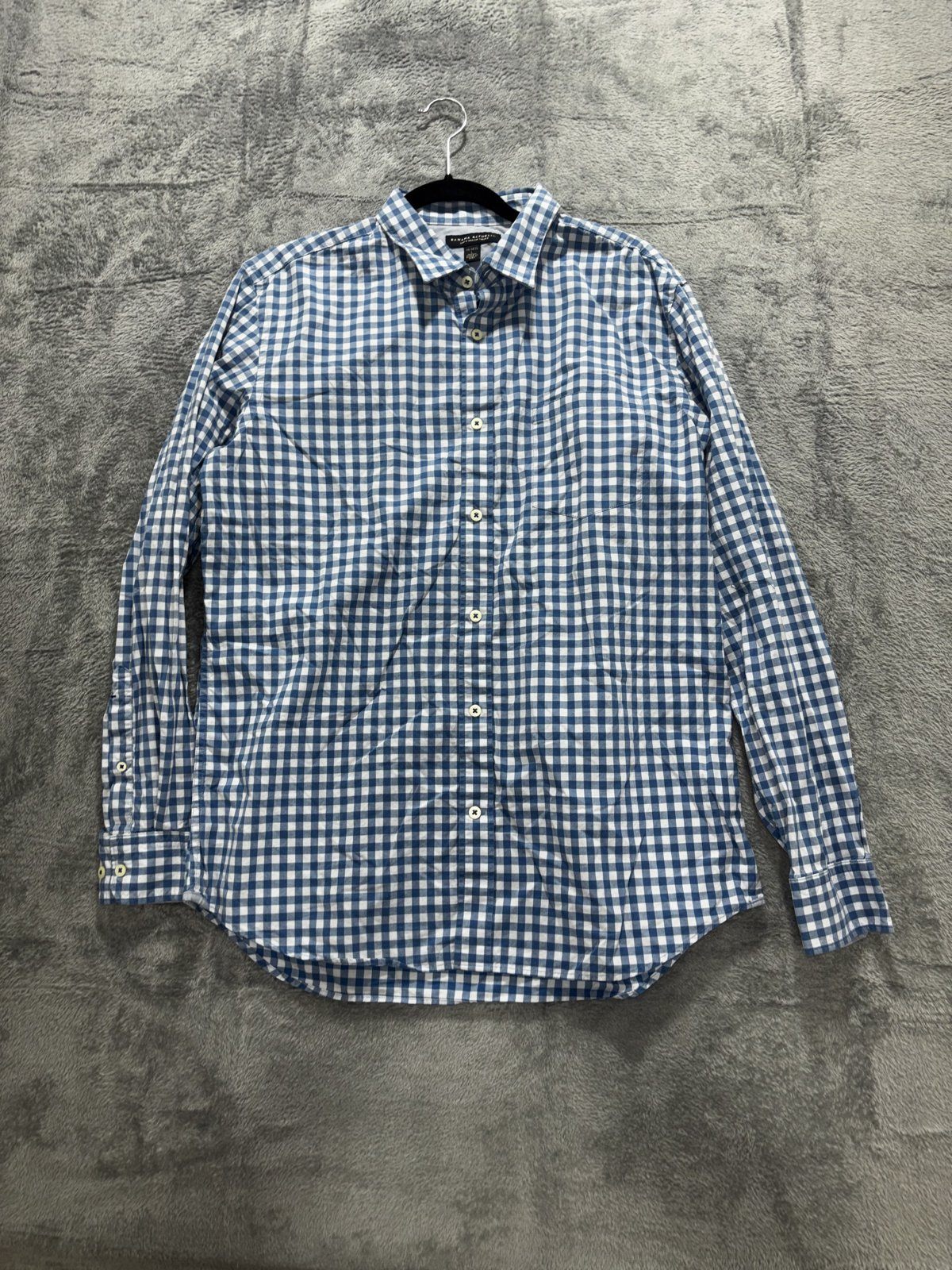 Banana Republic Mens 16-16 1/2 L Blue Gingham Long Sleeve Button Up Dress Shirt