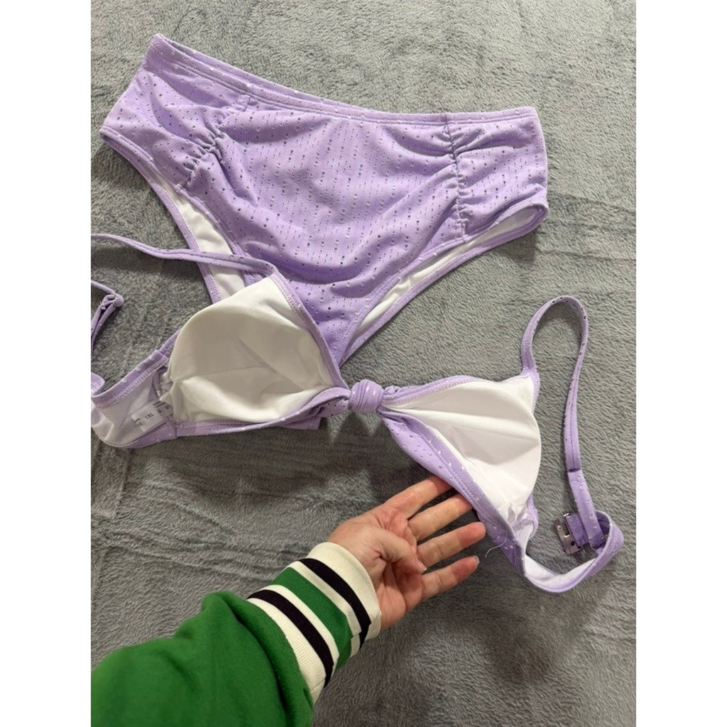 Lavender Eyelet Knot Front High Waisted Bikini Set Purple 1XL Plus Size Swimwear