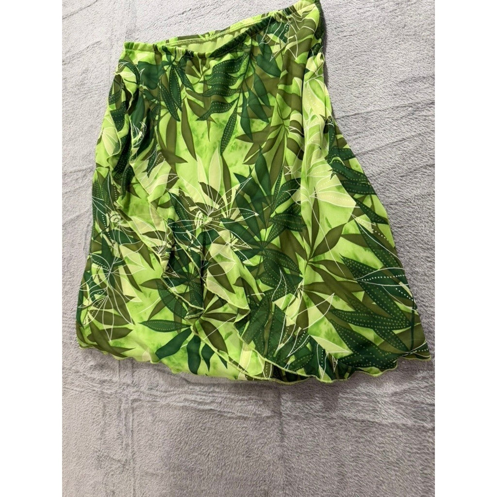 Worthington Green Tropical Leaf Print Ruffle Front Skirt Size 16 Elastic Waist