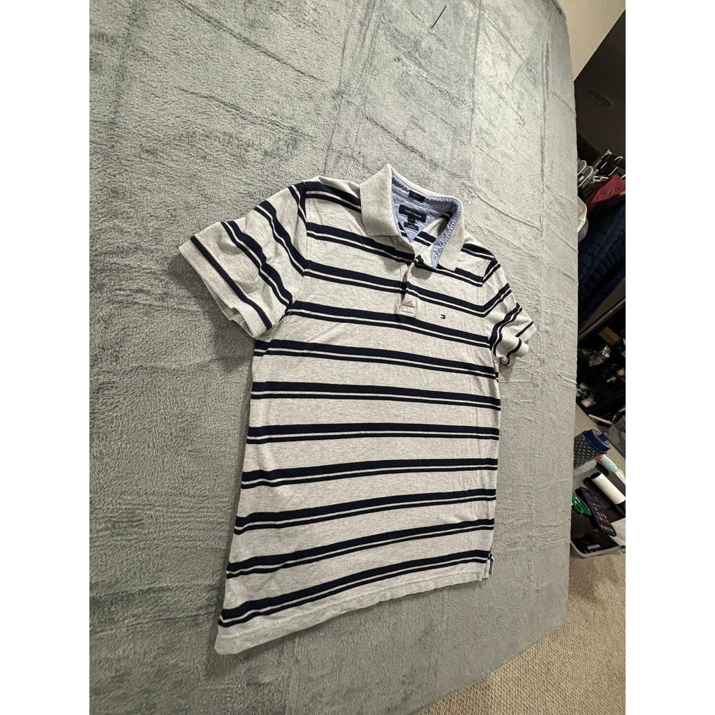 Tommy Hilfiger L Gray Navy Striped Slim Fit Polo Shirt Mens Preppy Casual
