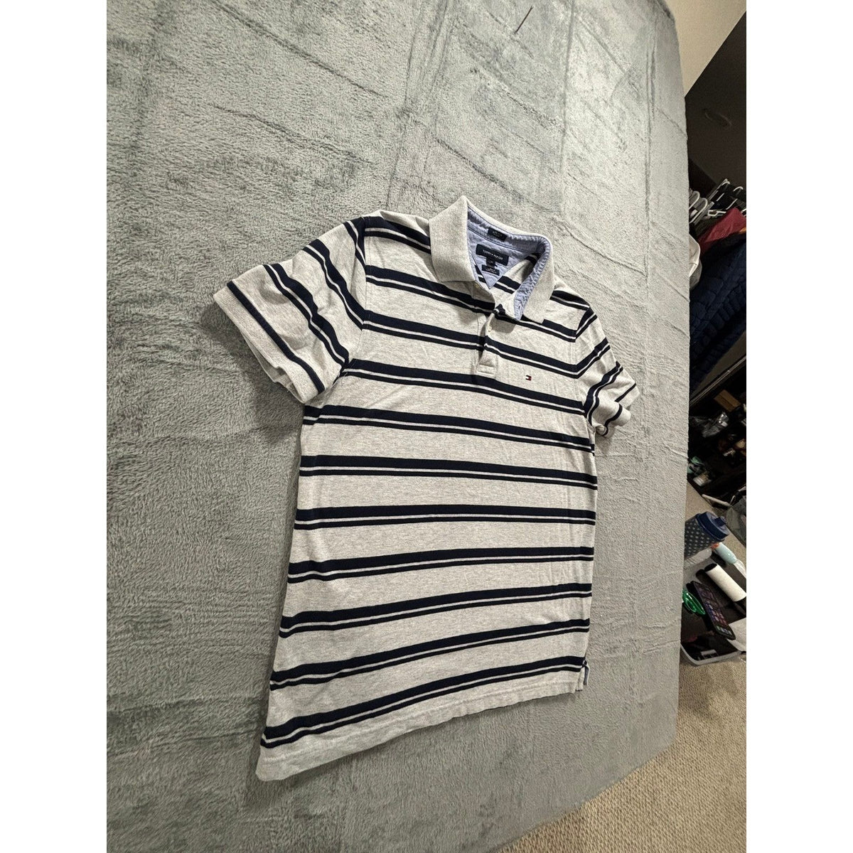 Tommy Hilfiger L Gray Navy Striped Slim Fit Polo Shirt Mens Preppy Casual