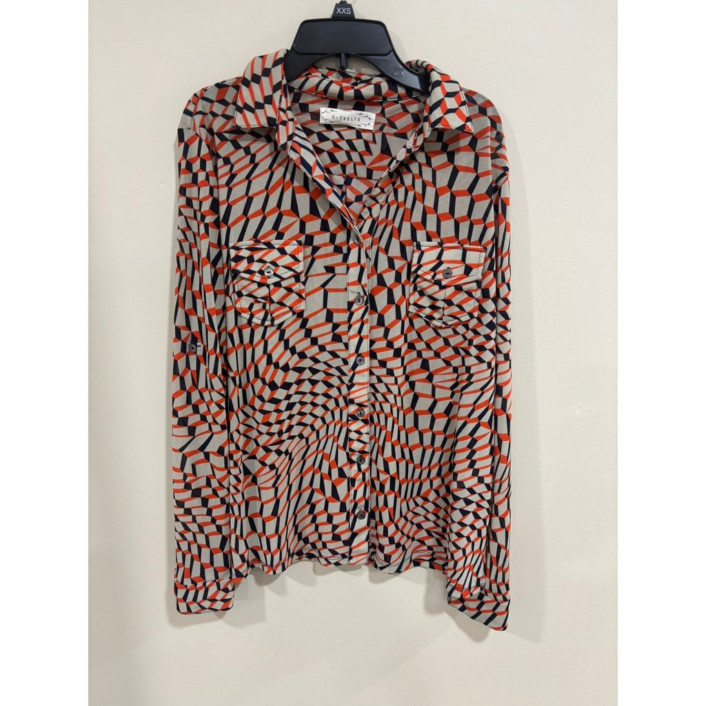 S-Twelve Geometric Print Button Down Blouse Retro Mod Top Large Chic Artsy Bold