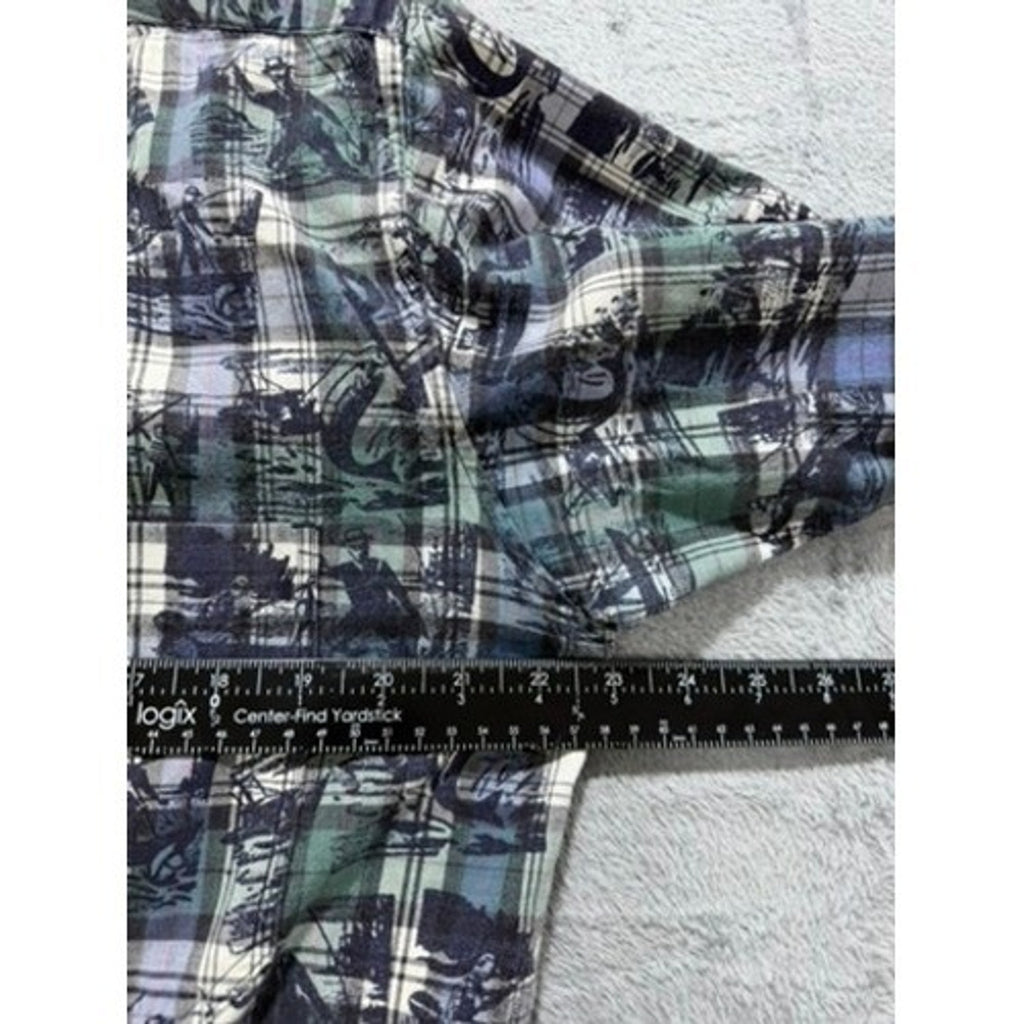 Woolrich Mens Large Blue Green Plaid Fishing Graphic Short Sleeve Button Shirt