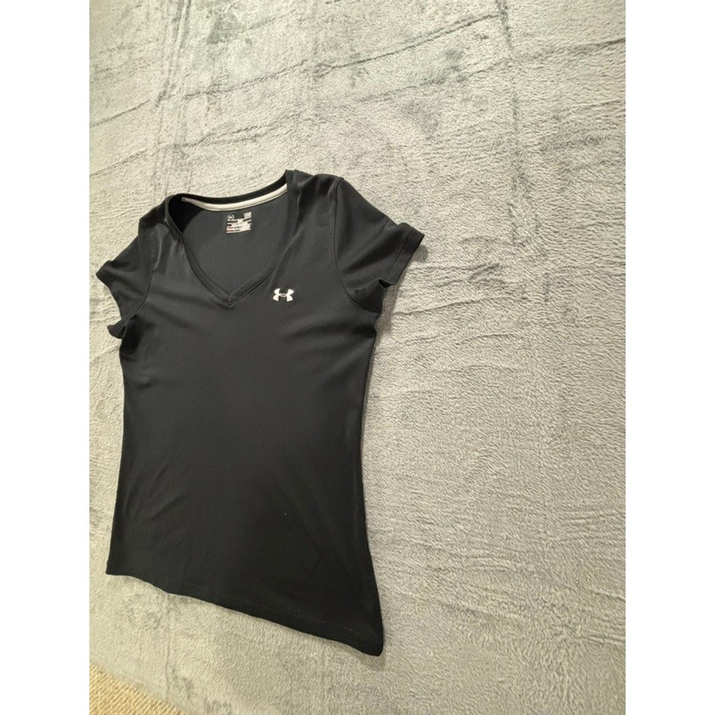 Under Armour Womens LG Black HeatGear V-Neck Loose Fit T-Shirt Athleisure Sporty