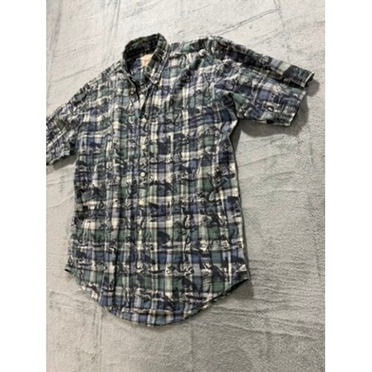 Woolrich Mens Large Blue Green Plaid Fishing Graphic Short Sleeve Button Shirt