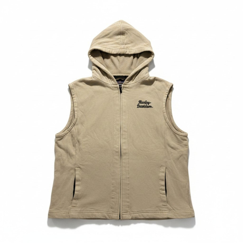 Harley Davidson XL Tan Womens Hooded Zip Up Vest Casual Vintage Biker Moto