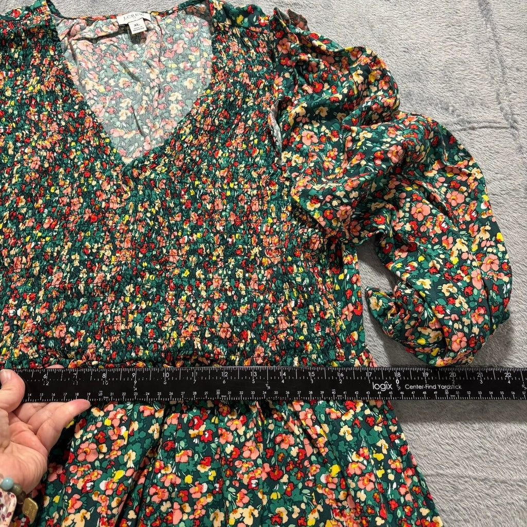 J.Crew Womens XL Green Floral Smocked Re-Imagined Viscose Midi Dress Boho Casual