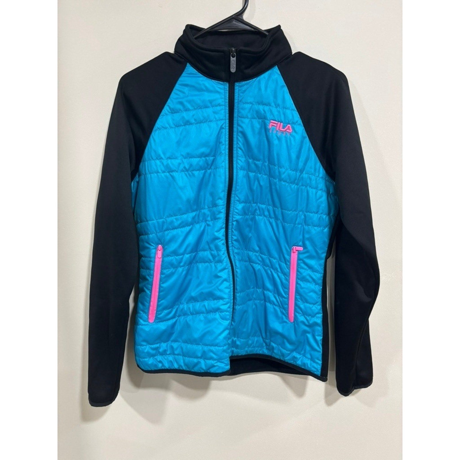Fila Sport Teal Black Quilted Athletic Jacket Zip Up Womens M Athleisure Light