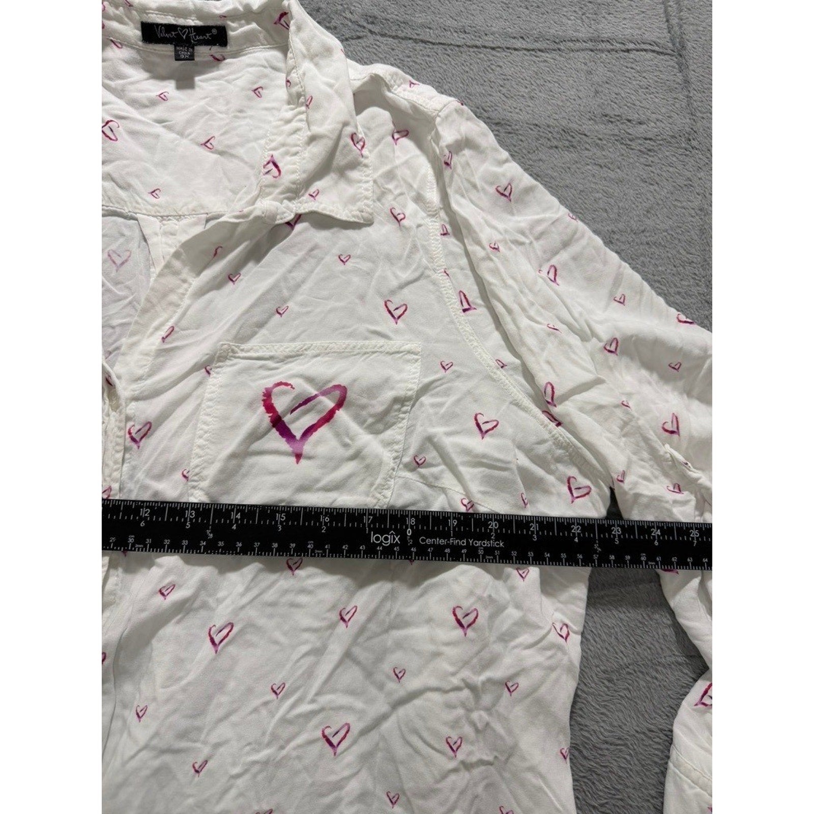 Velvet Heart Womens 3X White Pink Heart Print Roll Tab Sleeve Button Up Shirt