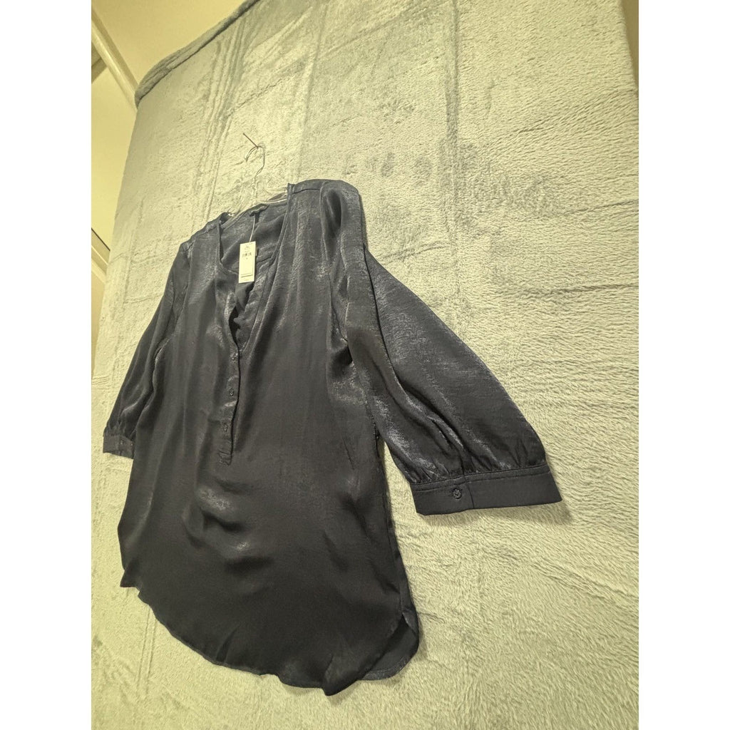 Banana Republic Womens XL Navy Blue Henley Blouse Satin 3/4 Sleeve Work Classic