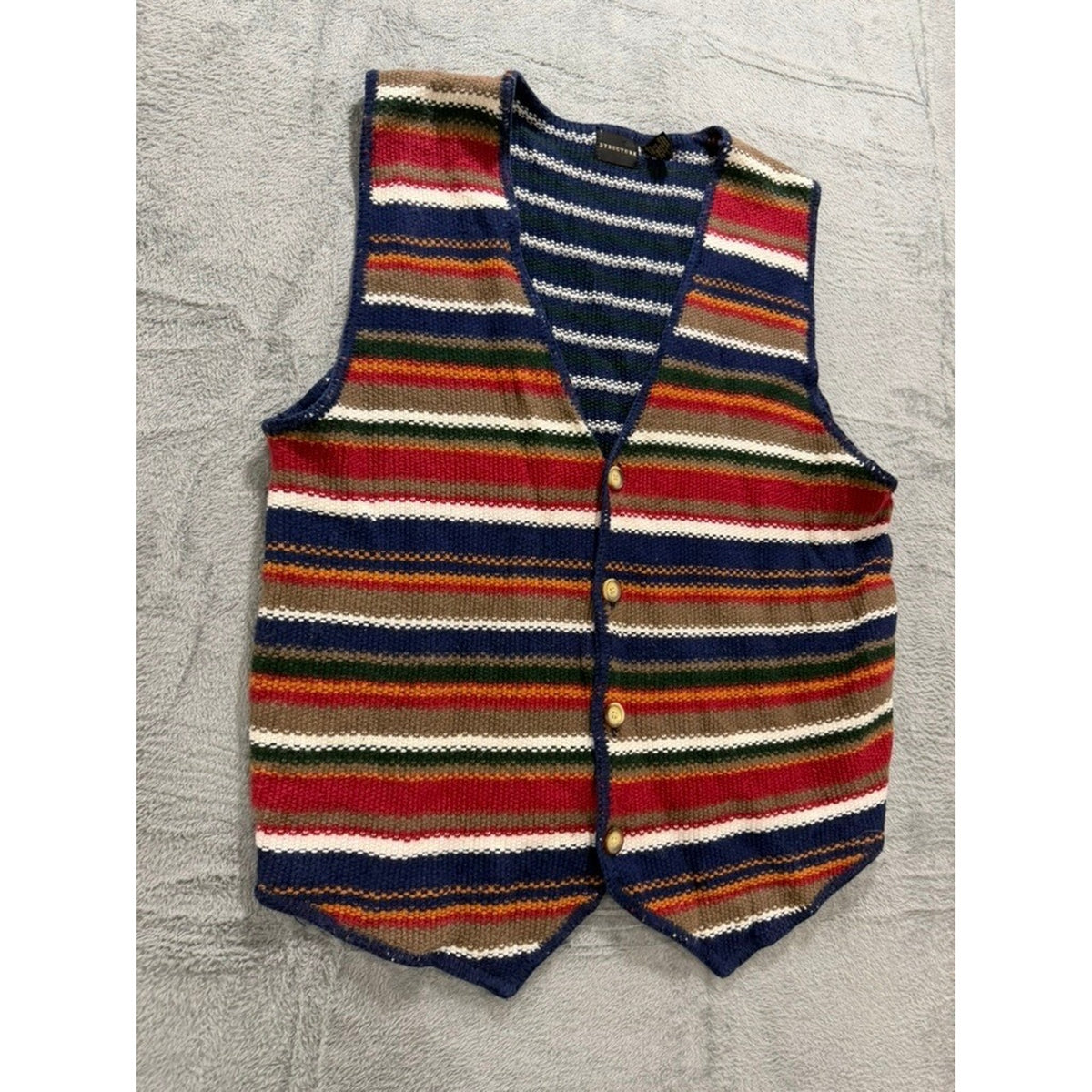 Structure Sweater Vest Mens XL Multicolor Striped Knit Button V Neck Retro