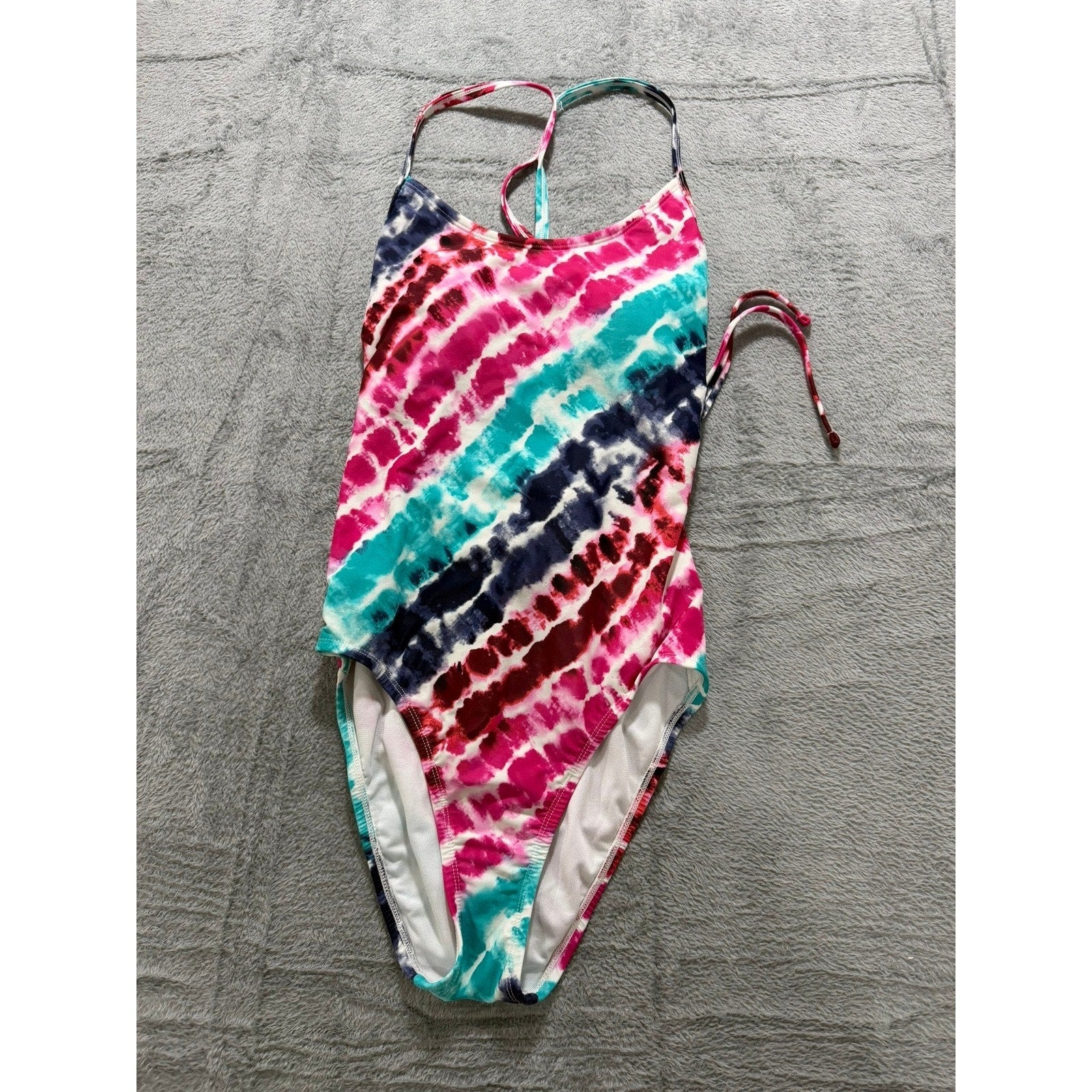 Women Tie Dye One Piece Swimsuit Pink Blue White Strappy Back Athletic