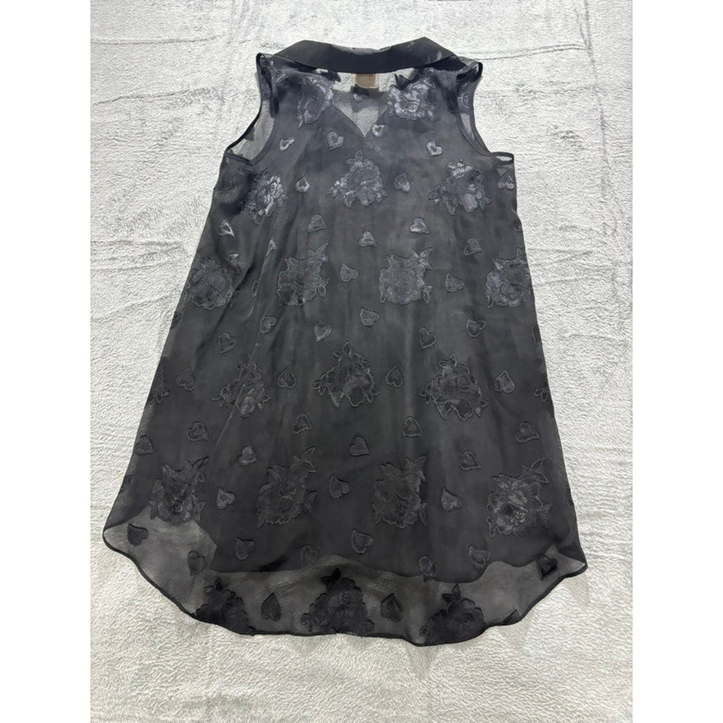 L.A. Intimates Blouse Womens Medium Black Sheer Floral Heart Button Up