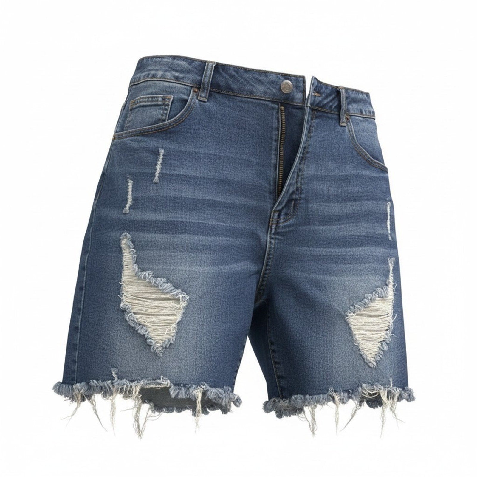 American Bazi Plus 2X Distressed Raw Hem Denim Shorts Blue High Rise Stretch