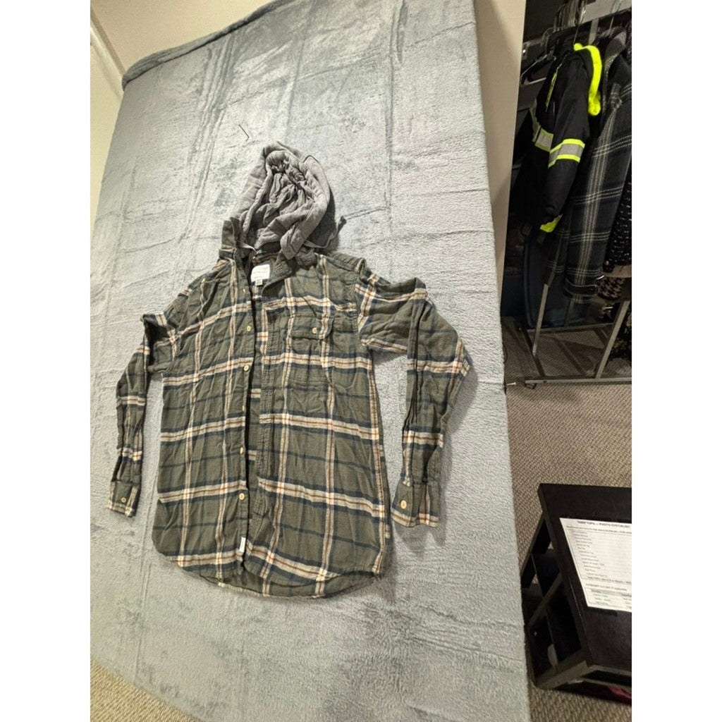 American Eagle M Green Plaid Hooded Flannel Shirt Womens Vintage Casual Cozy