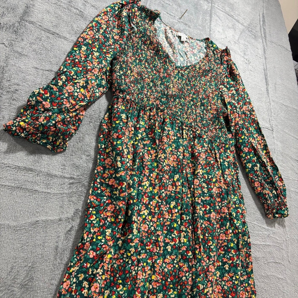 J.Crew Womens XL Green Floral Smocked Re-Imagined Viscose Midi Dress Boho Casual