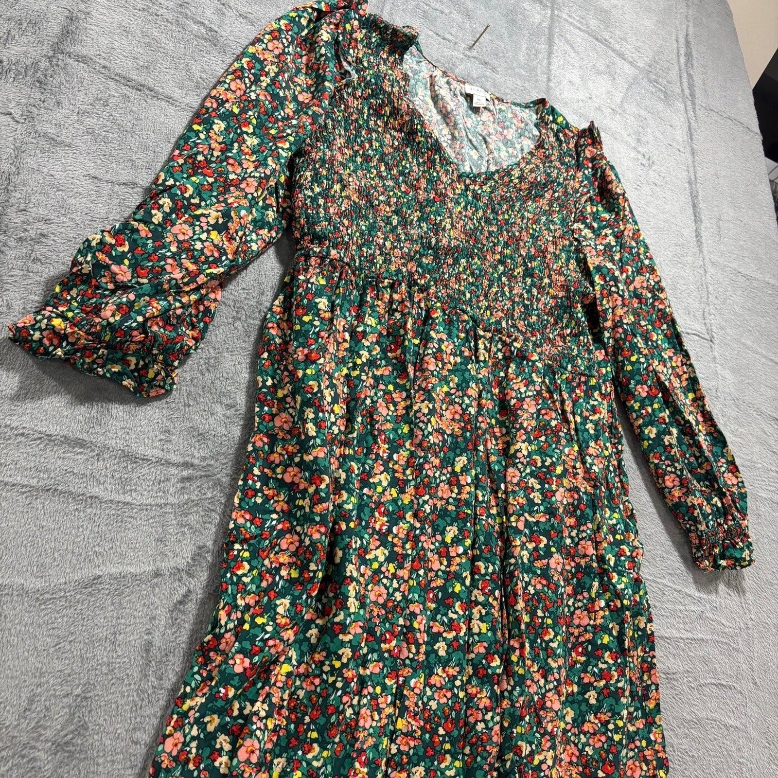 J.Crew Womens XL Green Floral Smocked Re-Imagined Viscose Midi Dress Boho Casual