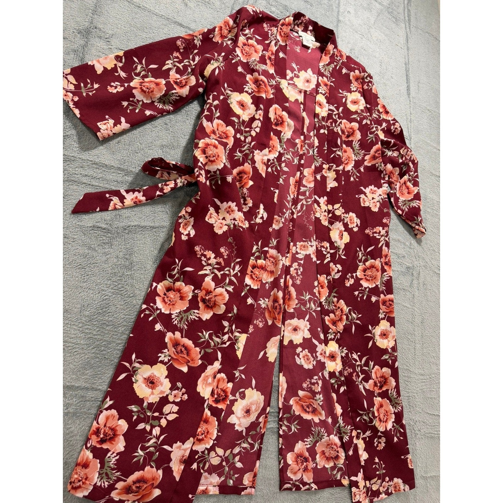 New York & Company Kimono Womens S Red Floral Duster Belted Boho