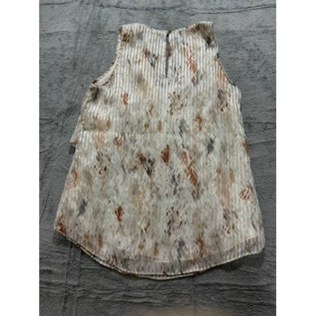 White House Black Market XS Tiered Ruffle Shell Top Metallic Stripe Abstract Tan