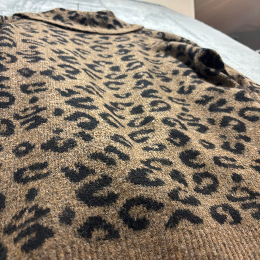 Time and Tru Womens XL Brown Leopard Fuzzy Knit Cardigan Sweater Boho Animal