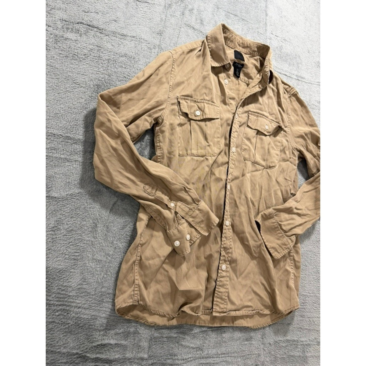 HM Mens Regular Fit Long Sleeve Button Up Utility Shirt Tan Khaki Small