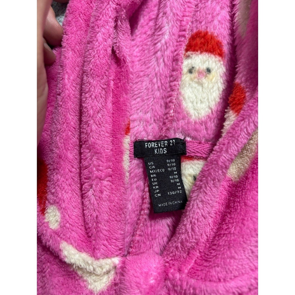 Forever 21 Kids Girls 9/10 Pink Santa Hooded One Piece Pajamas Christmas Cozy