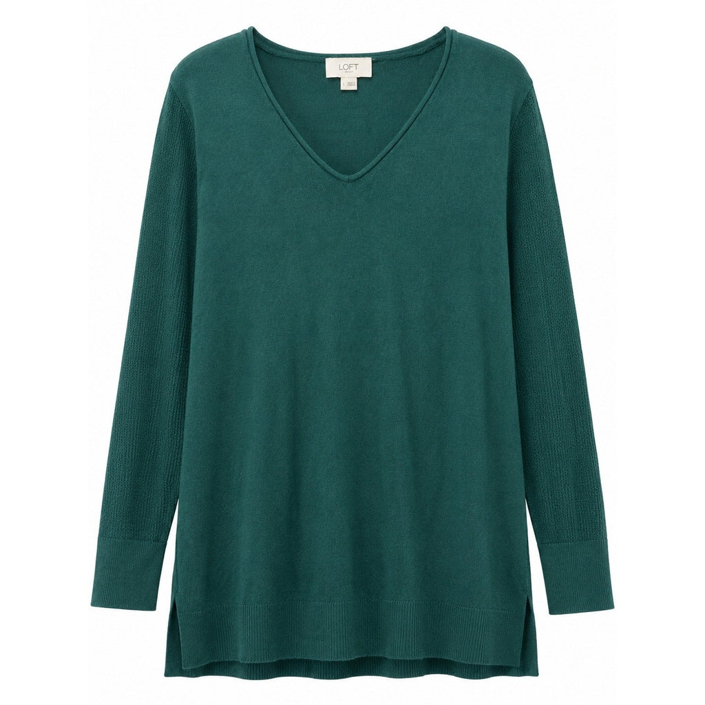 Loft Outlet Womens V-Neck Sweater Forest Green Cotton Blend Long Sleeve Large