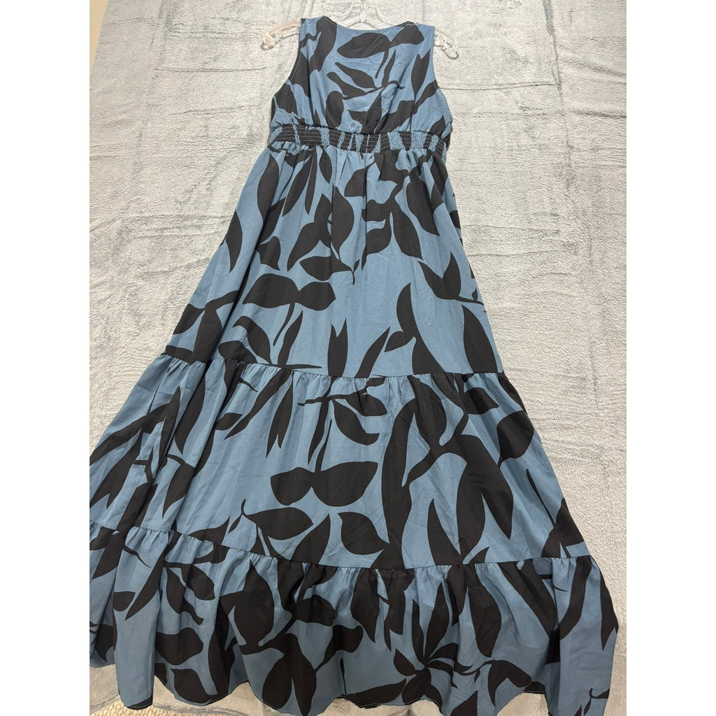 Blue Black Tropical Leaf Print Smocked Tiered Maxi Dress Women Medium Vacation