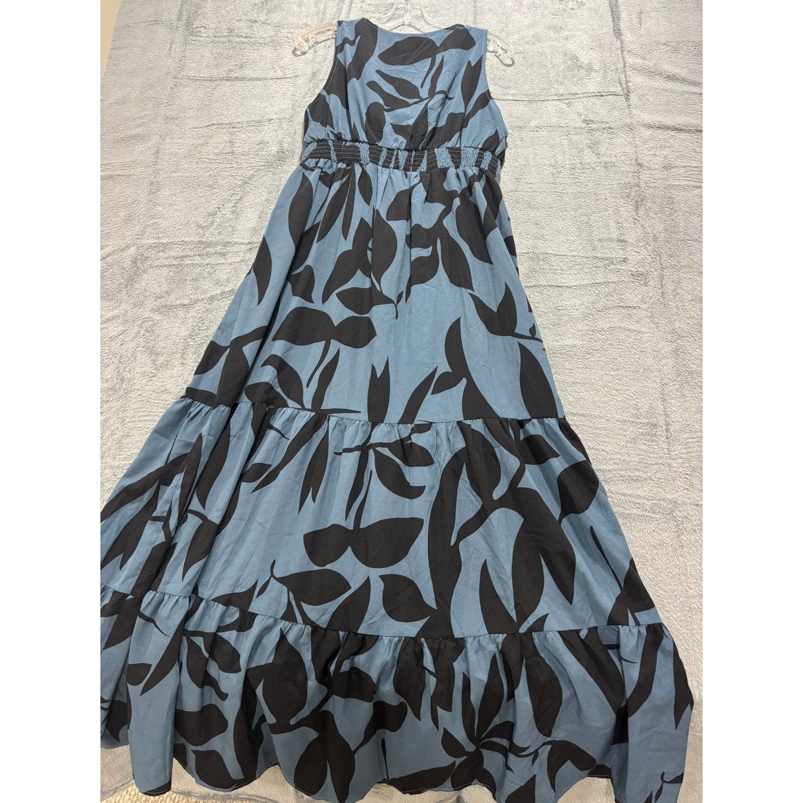 Blue Black Tropical Leaf Print Smocked Tiered Maxi Dress Women Medium Vacation