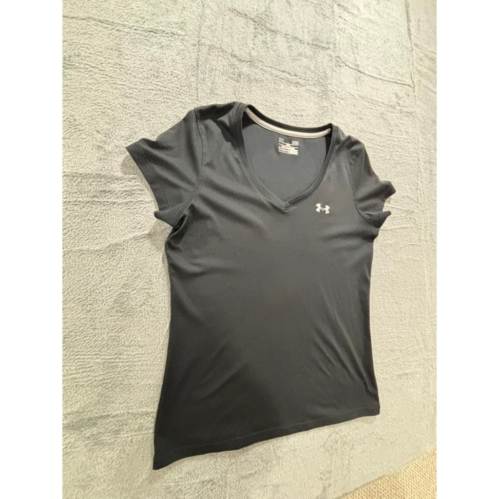 Under Armour Womens LG Black HeatGear V-Neck Loose Fit T-Shirt Athleisure Sporty