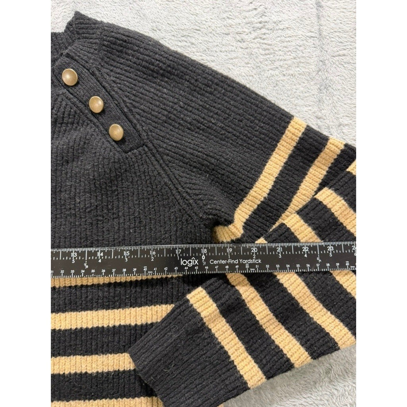 Knox Rose Sweater Womens XL Black Tan Stripe Ribbed Button Shoulder Cozy