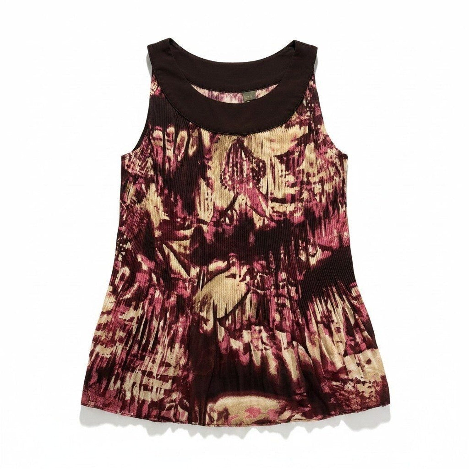Serenade New York Womens L Brown Pink Abstract Pleated Tank Top Boho Casual