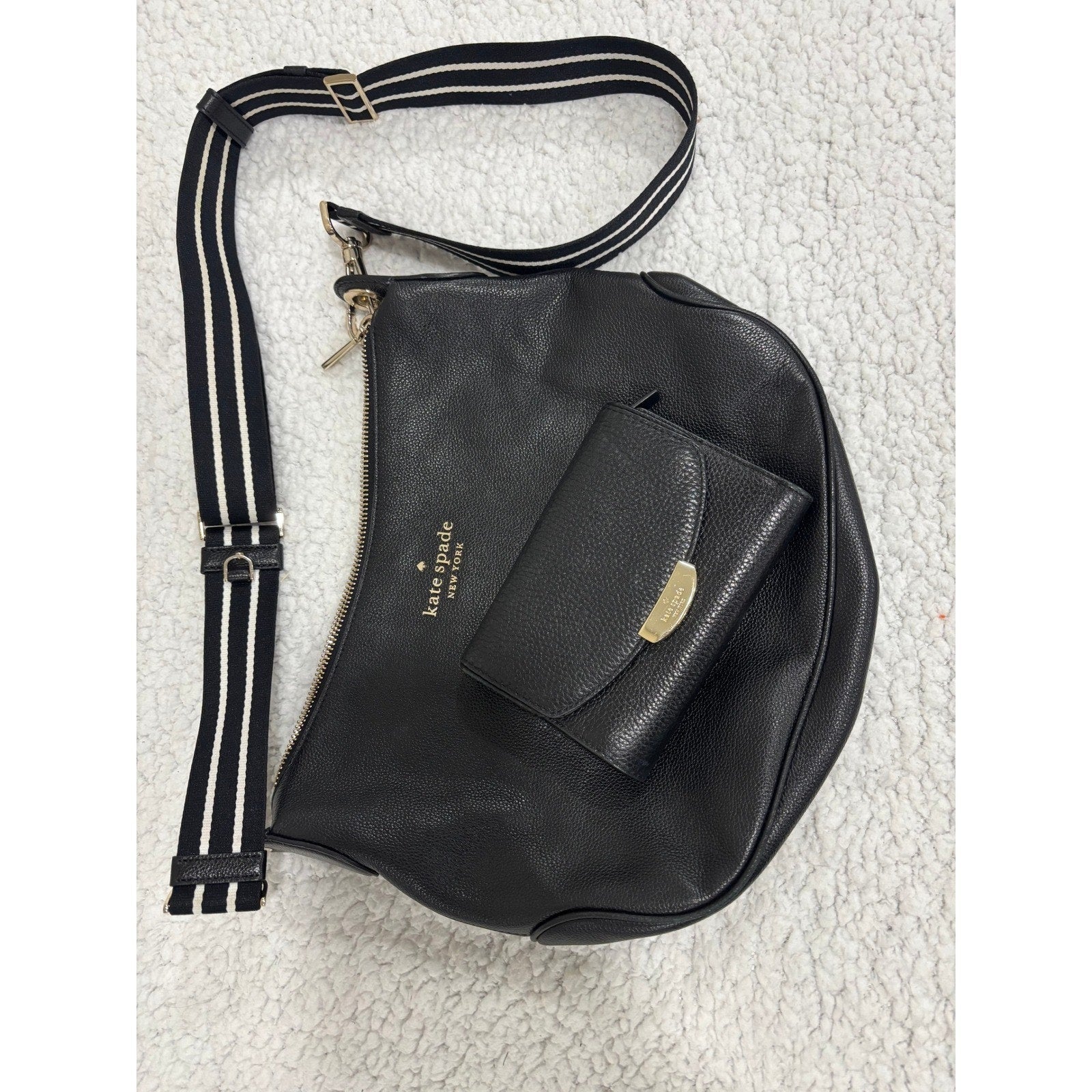 Kate Spade Black Leather Crossbody Bag & Wallet Set Pebbled Flap Purse Gold Logo