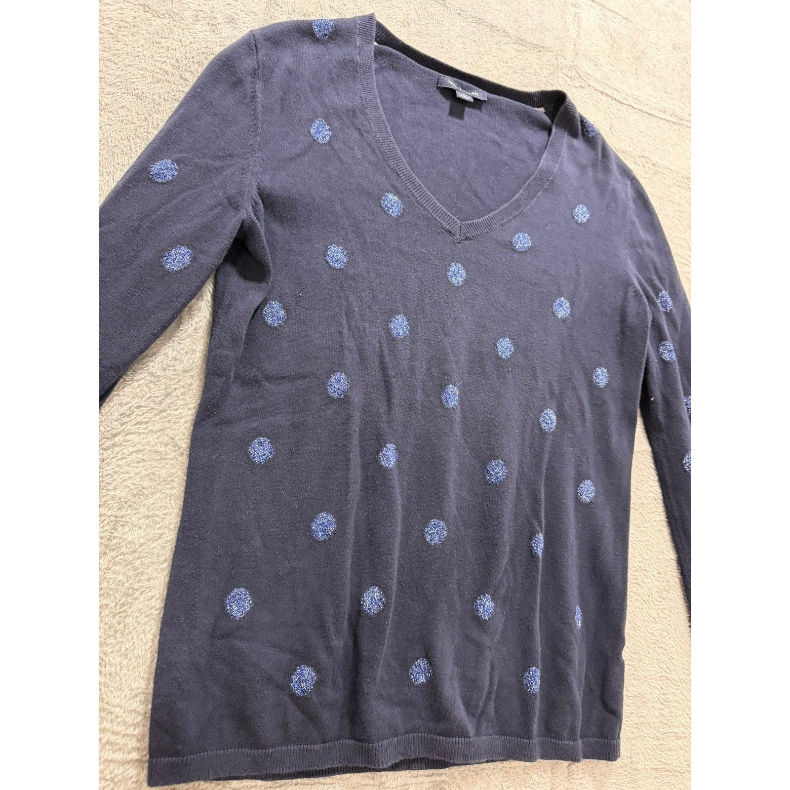 Tommy Hilfiger Sweater Womens M Navy Polka Dot V Neck Long Sleeve Preppy