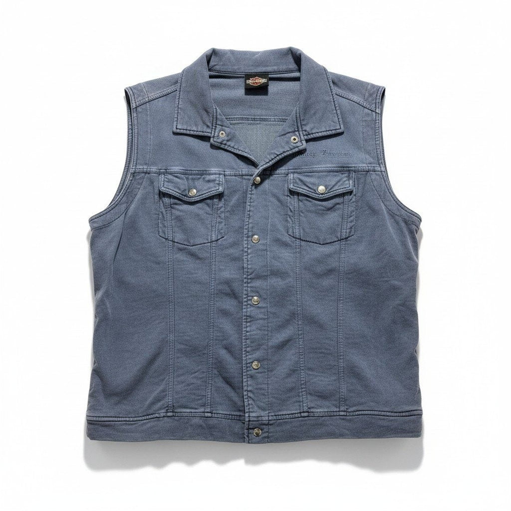 Harley-Davidson Womens L Blue Cotton Snap Front Biker Vest Vintage Casual
