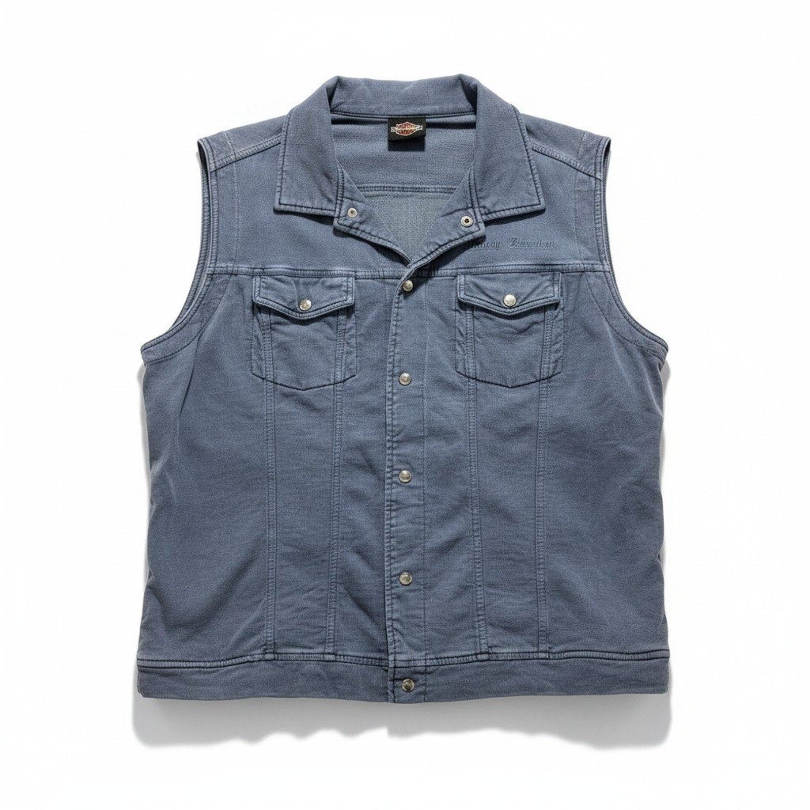 Harley-Davidson Womens L Blue Cotton Snap Front Biker Vest Vintage Casual