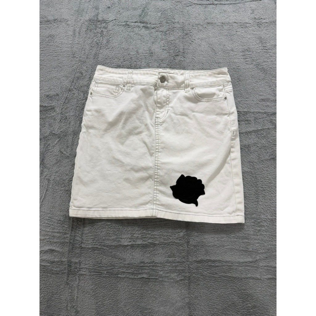 White House Black Market Denim Mini Skirt Women Size 2 White Floral Stretch
