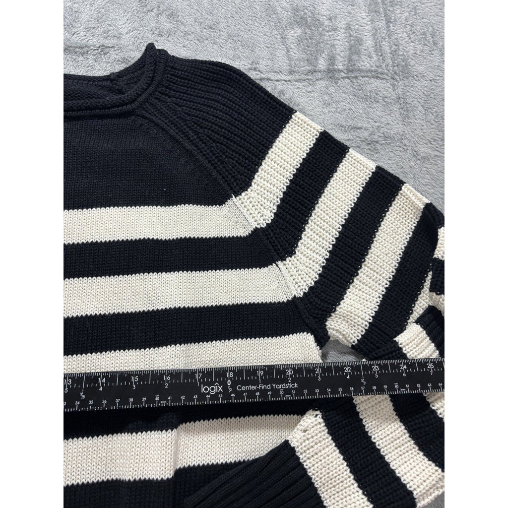 Aerie Womens S Black White Striped Knit Crewneck Sweater Casual Cozy Nautical