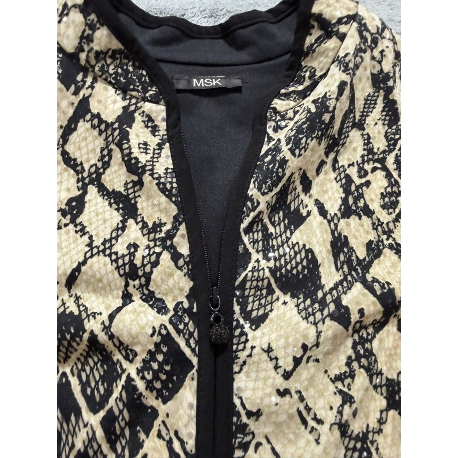 MSK Womens Snakeskin Print Sequin Zip Front Jacket Tan Black Animal Print XL