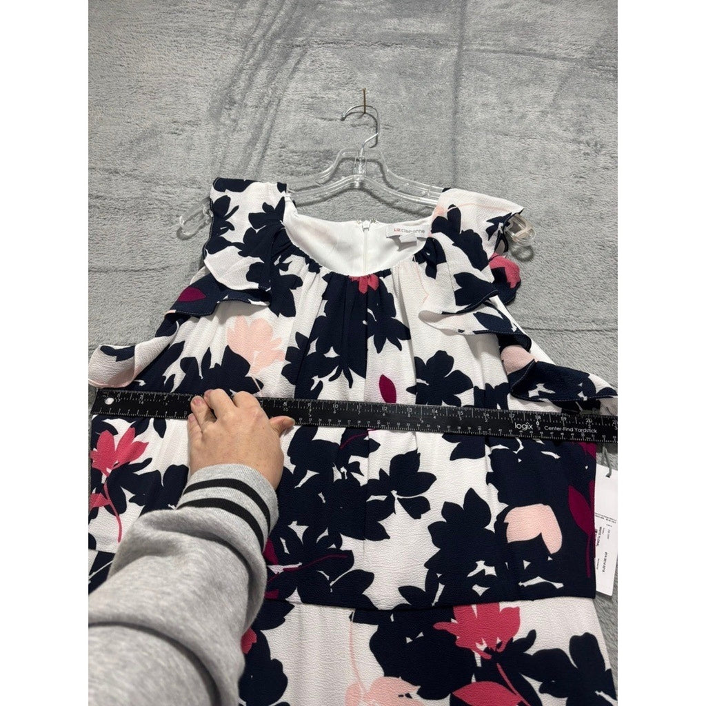 Liz Claiborne Womens 18 White Floral Ruffle Tiered Midi Dress Navy Pink NWT