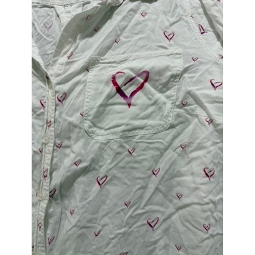 Velvet Heart Womens 3X White Pink Heart Print Roll Tab Sleeve Button Up Shirt
