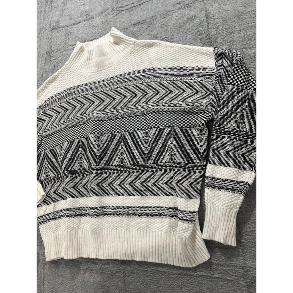 Charter Club Sweater Womens XL Black White Geometric Mock Neck Cozy Knit