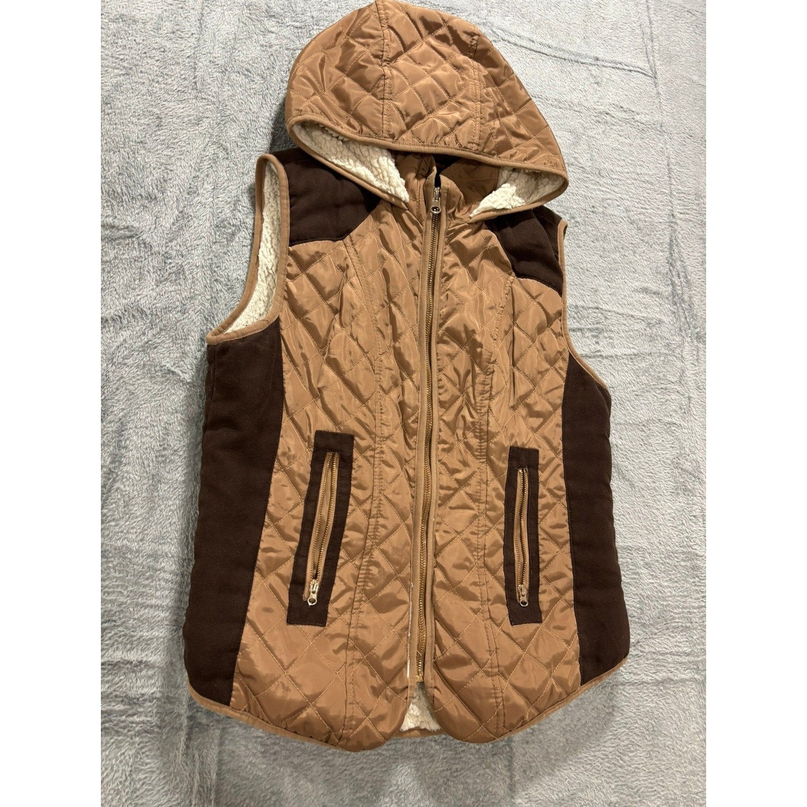 Ci Sono Quilted Vest Womens Medium Brown Hooded Sherpa Lined Zip