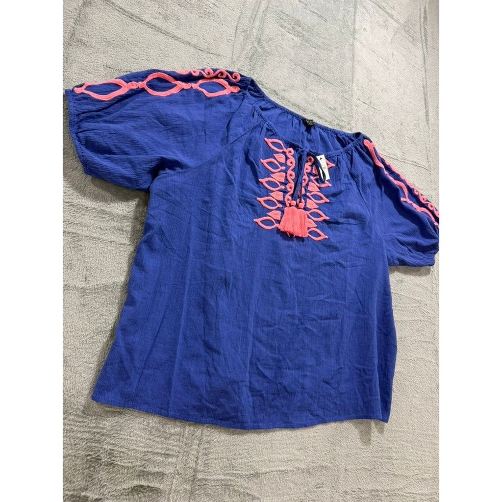 Talbots Petite XL P Blue Coral Embroidered Tassel Peasant Blouse NWT 57095257