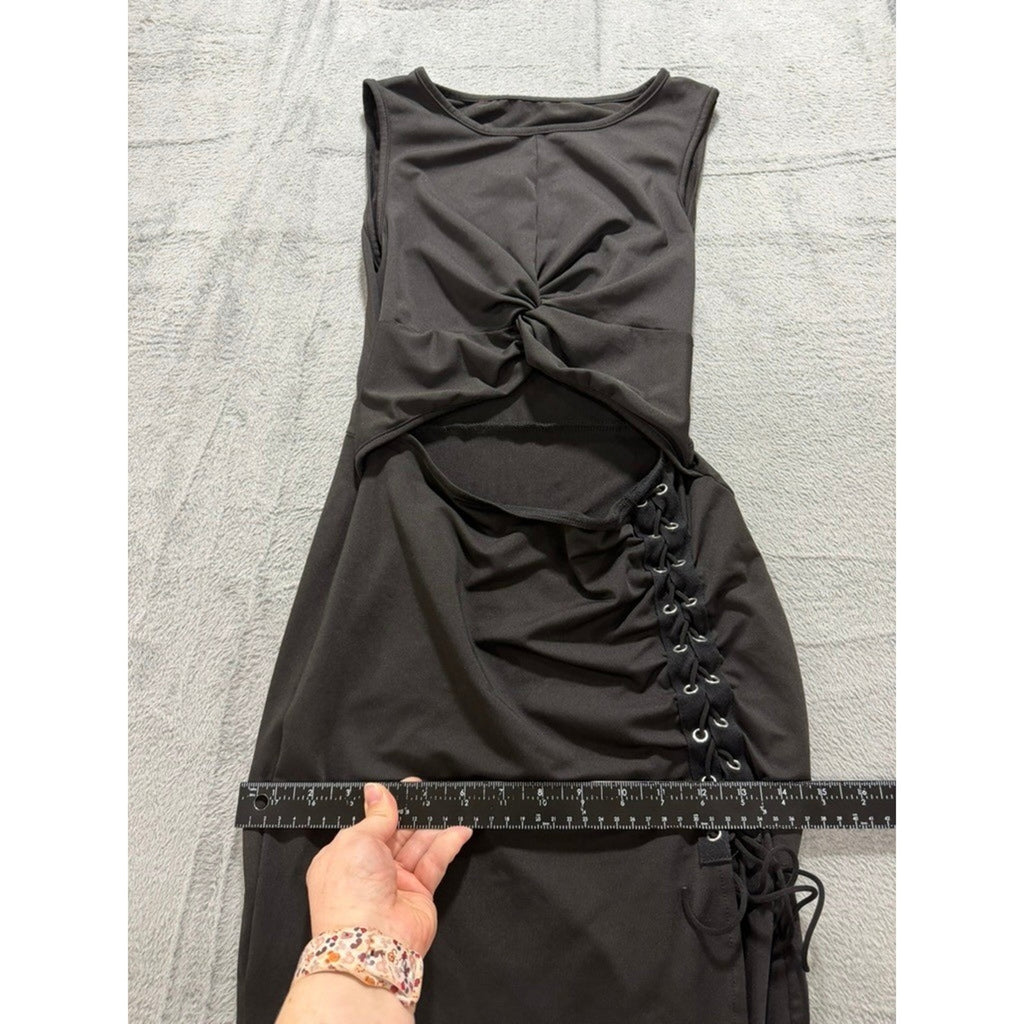 Black Twist Front Lace Up Side Cutout Slit Sleeveless Bodycon Maxi Dress