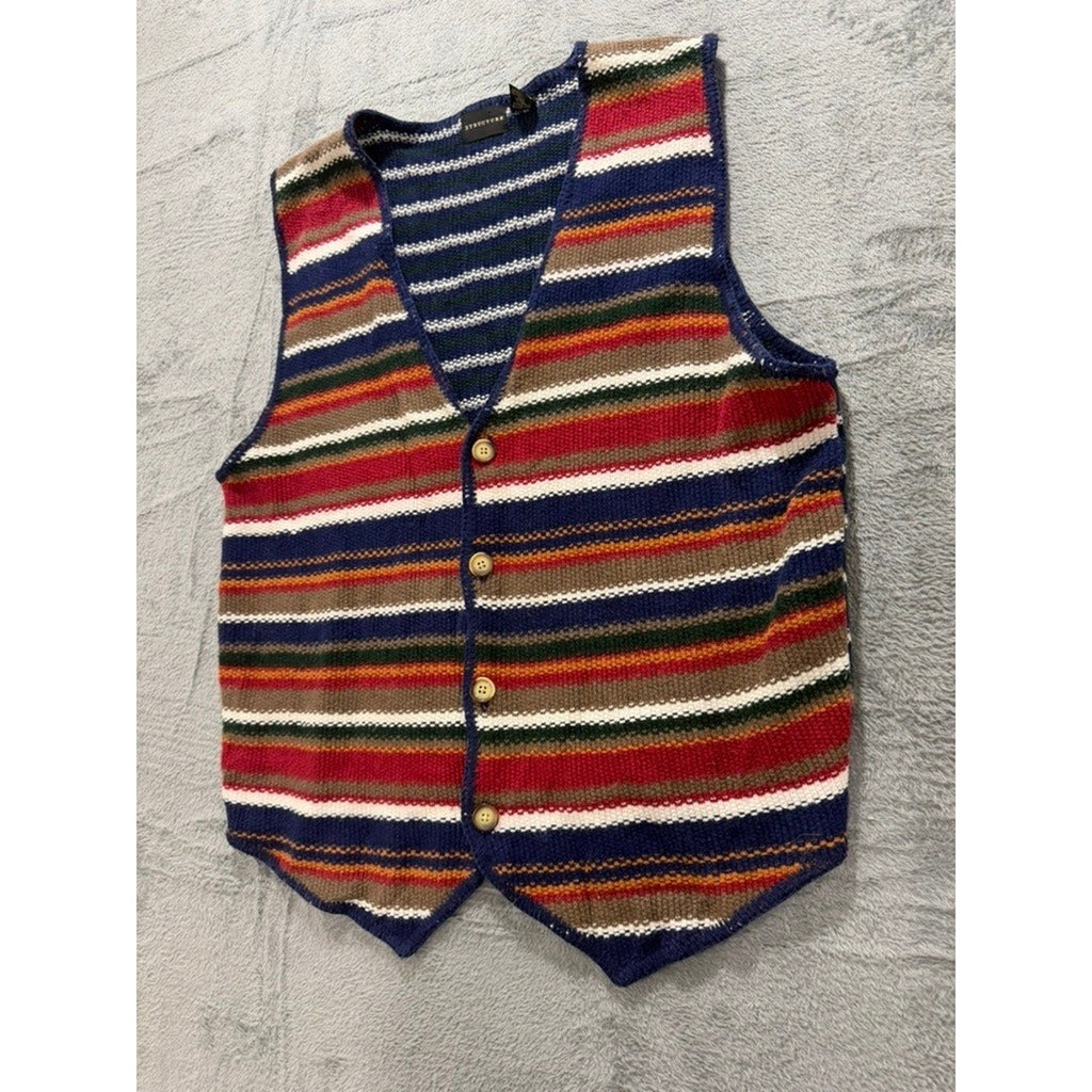 Structure Sweater Vest Mens XL Multicolor Striped Knit Button V Neck Retro